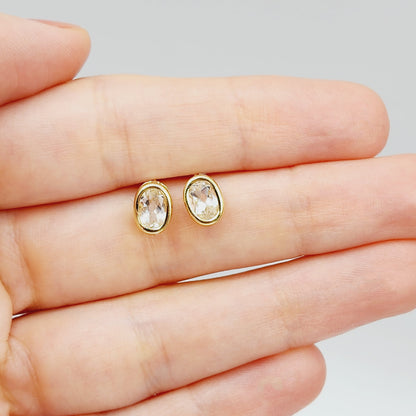 Gold White Topaz Bezel Earrings, 14K Yellow Gold Genuine White Topaz 8x6mm Earrings, Bezel Earrings For Women, Precious Stone Earrings