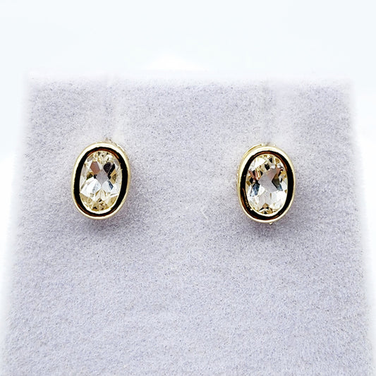 Gold White Topaz Bezel Earrings, 14K Yellow Gold Genuine White Topaz 8x6mm Earrings, Bezel Earrings For Women, Precious Stone Earrings