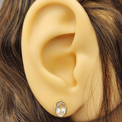 Gold White Topaz Bezel Earrings, 14K Yellow Gold Genuine White Topaz 8x6mm Earrings, Bezel Earrings For Women, Precious Stone Earrings