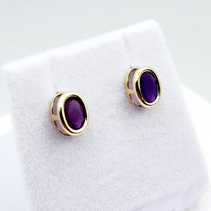 Gold Amethyst Bezel Earrings, 14K Yellow Gold Genuine Amethyst 8x6mm Earrings, Bezel Earrings For Women, Purple Stone Women's Earrings