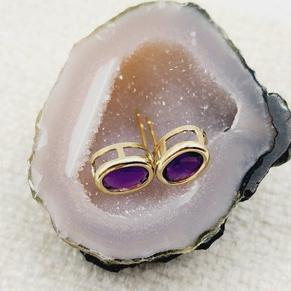 Gold Amethyst Bezel Earrings, 14K Yellow Gold Genuine Amethyst 8x6mm Earrings, Bezel Earrings For Women, Purple Stone Women's Earrings