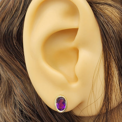 Gold Amethyst Bezel Earrings, 14K Yellow Gold Genuine Amethyst 8x6mm Earrings, Bezel Earrings For Women, Purple Stone Women's Earrings