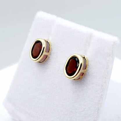 Gold Garnet Bezel Earrings, 14K Yellow Gold Genuine Red Garnet 8x6mm Earrings, Bezel Earrings For Women, January Birthstone Women's Earrings