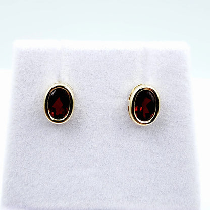 Gold Garnet Bezel Earrings, 14K Yellow Gold Genuine Red Garnet 8x6mm Earrings, Bezel Earrings For Women, January Birthstone Women's Earrings