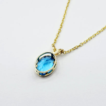 Gold Blue Topaz Pendant Necklace, 14K Yellow Gold Genuine Oval Blue Topaz 8x6mm Bezel Pendant Necklace, Affordable Jewelry