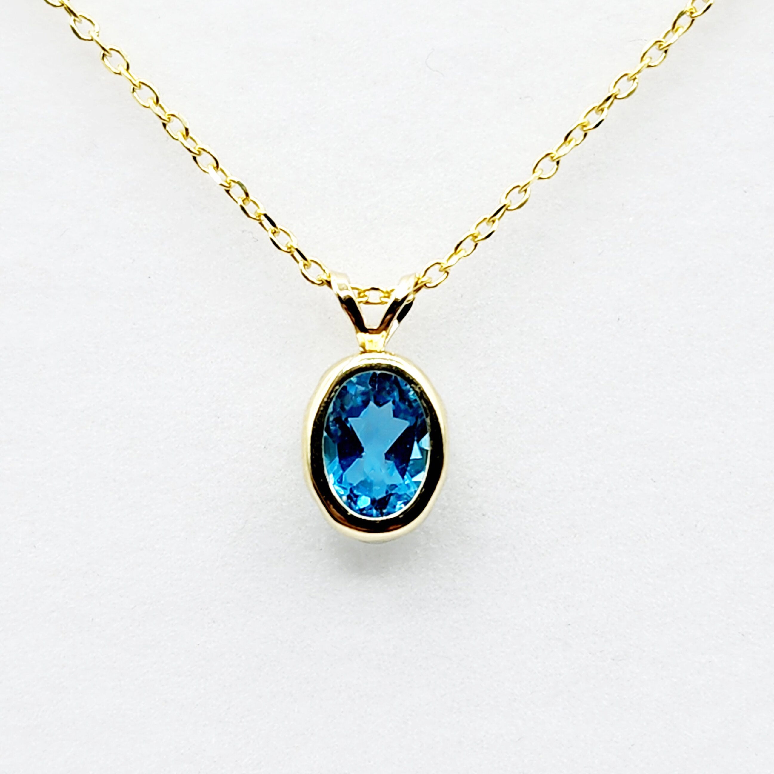 Gold Blue Topaz Pendant Necklace, 14K Yellow Gold Genuine Oval Blue Topaz 8x6mm Bezel Pendant Necklace, Affordable Jewelry