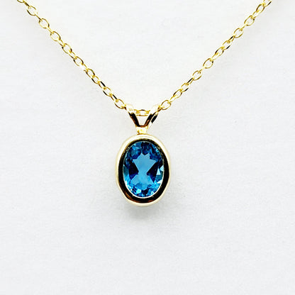 Gold Blue Topaz Pendant Necklace, 14K Yellow Gold Genuine Oval Blue Topaz 8x6mm Bezel Pendant Necklace, Affordable Jewelry