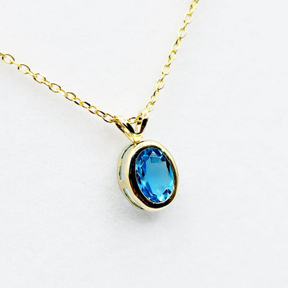 Gold Blue Topaz Pendant Necklace, 14K Yellow Gold Genuine Oval Blue Topaz 8x6mm Bezel Pendant Necklace, Affordable Jewelry