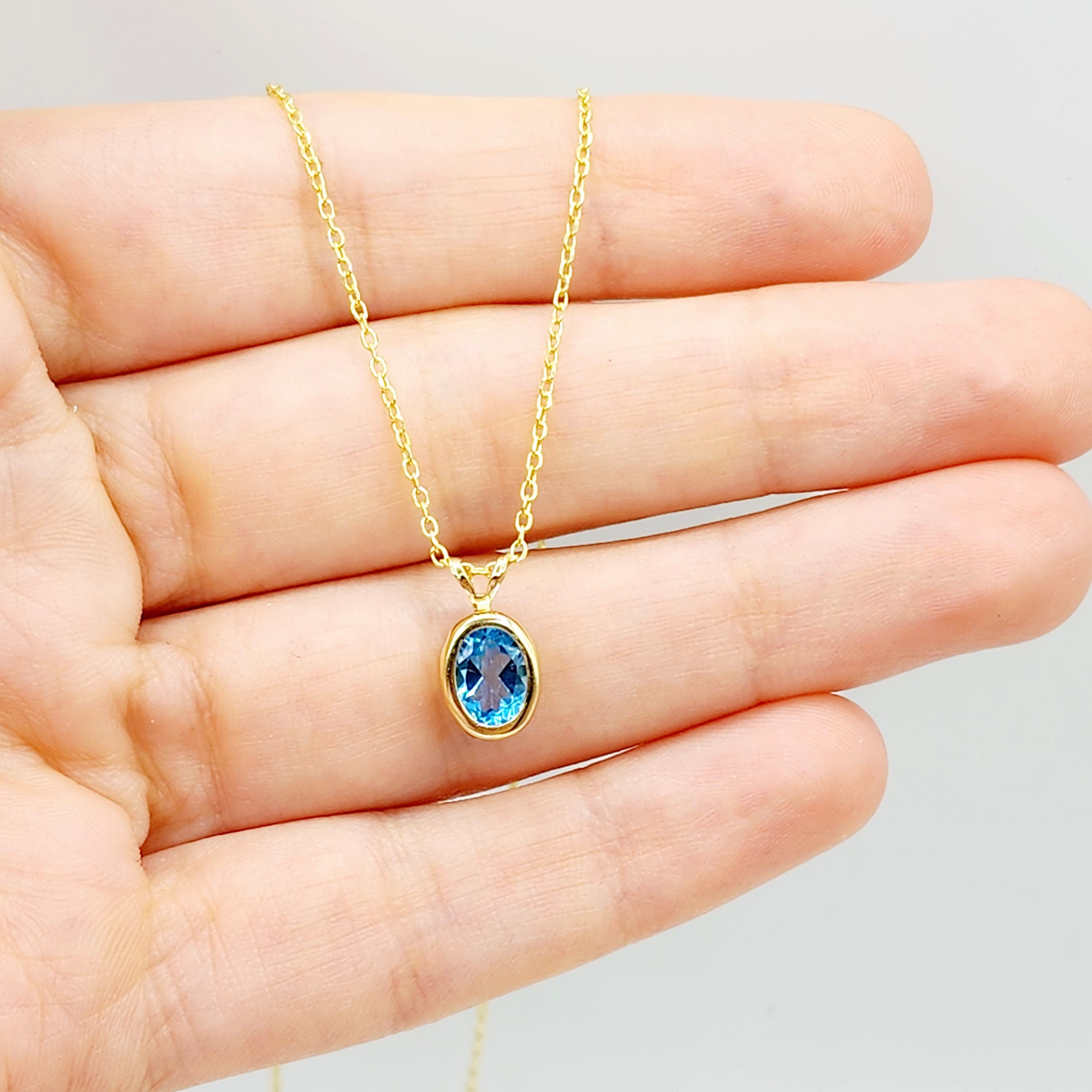 Gold Blue Topaz Pendant Necklace, 14K Yellow Gold Genuine Oval Blue Topaz 8x6mm Bezel Pendant Necklace, Affordable Jewelry