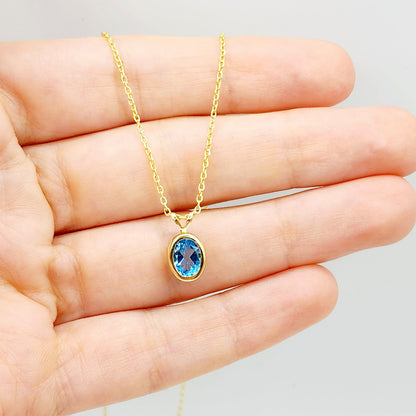Gold Blue Topaz Pendant Necklace, 14K Yellow Gold Genuine Oval Blue Topaz 8x6mm Bezel Pendant Necklace, Affordable Jewelry