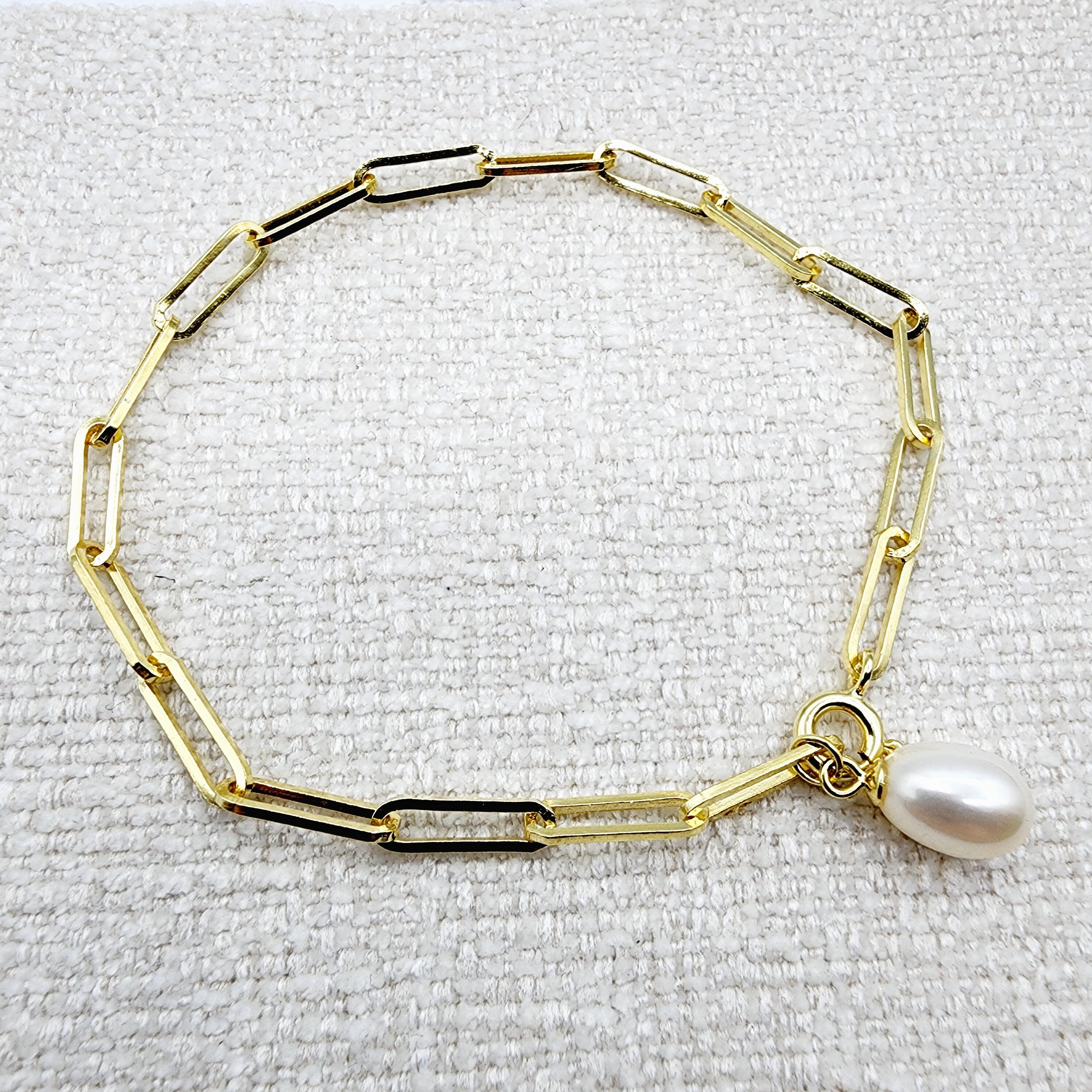 Sterling Silver Paperclip Chain Bracelet, Genuine Freshwater Pearl