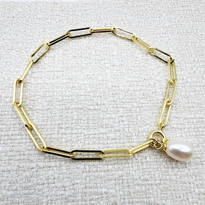 Sterling Silver Paperclip Chain Bracelet, Genuine Freshwater Pearl