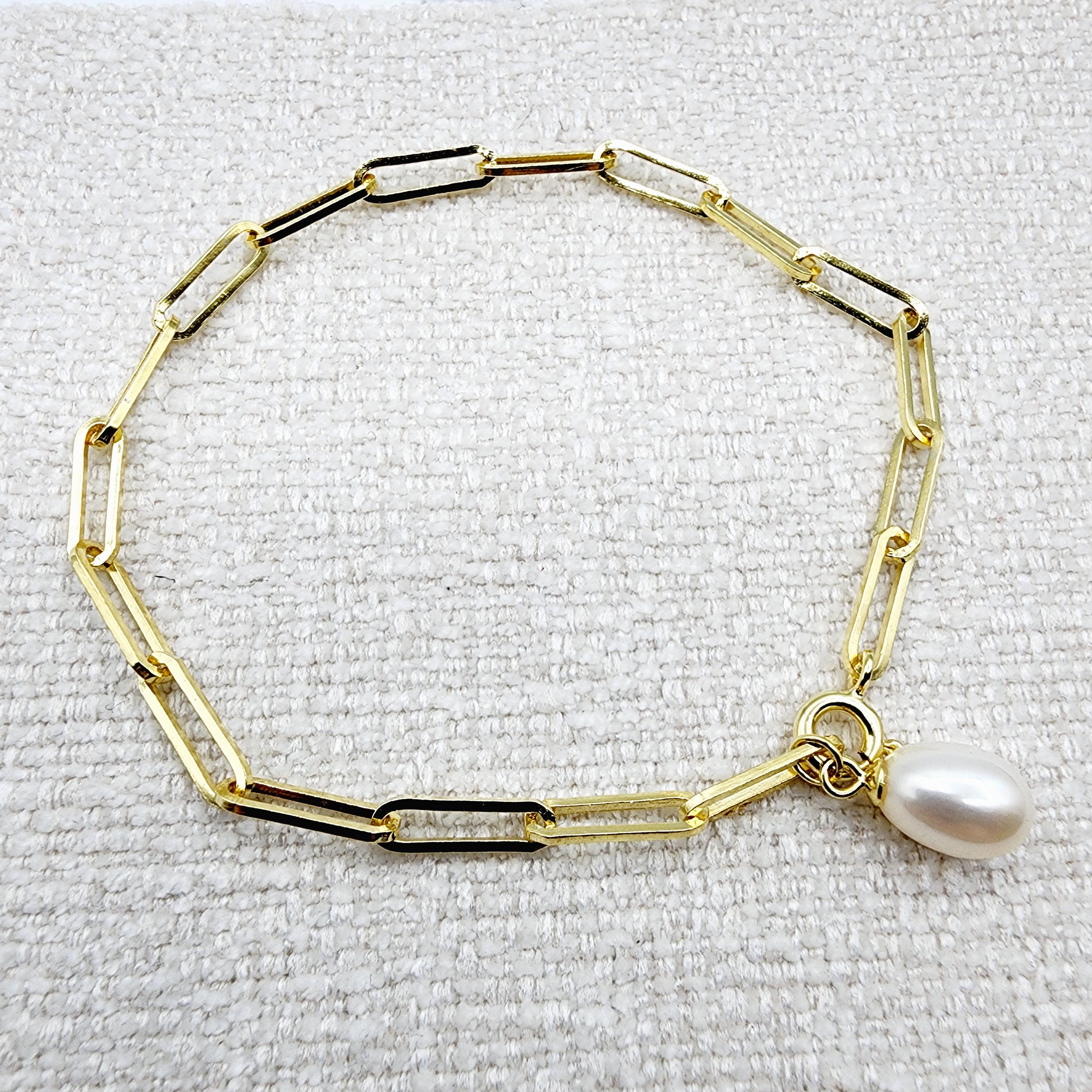 Sterling Silver with Genuine Freshwater Pearl, Paperclip Chain Bracelet For Women, Gift for her, Paperclip Chain Design, Fashionable Jewelry