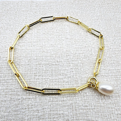 Sterling Silver with Genuine Freshwater Pearl, Paperclip Chain Bracelet For Women, Gift for her, Paperclip Chain Design, Fashionable Jewelry