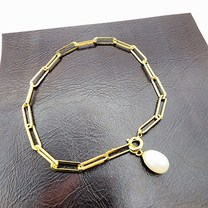 Sterling Silver with Genuine Freshwater Pearl, Paperclip Chain Bracelet For Women, Gift for her, Paperclip Chain Design, Fashionable Jewelry