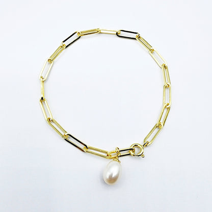 Sterling Silver with Genuine Freshwater Pearl, Paperclip Chain Bracelet For Women, Gift for her, Paperclip Chain Design, Fashionable Jewelry