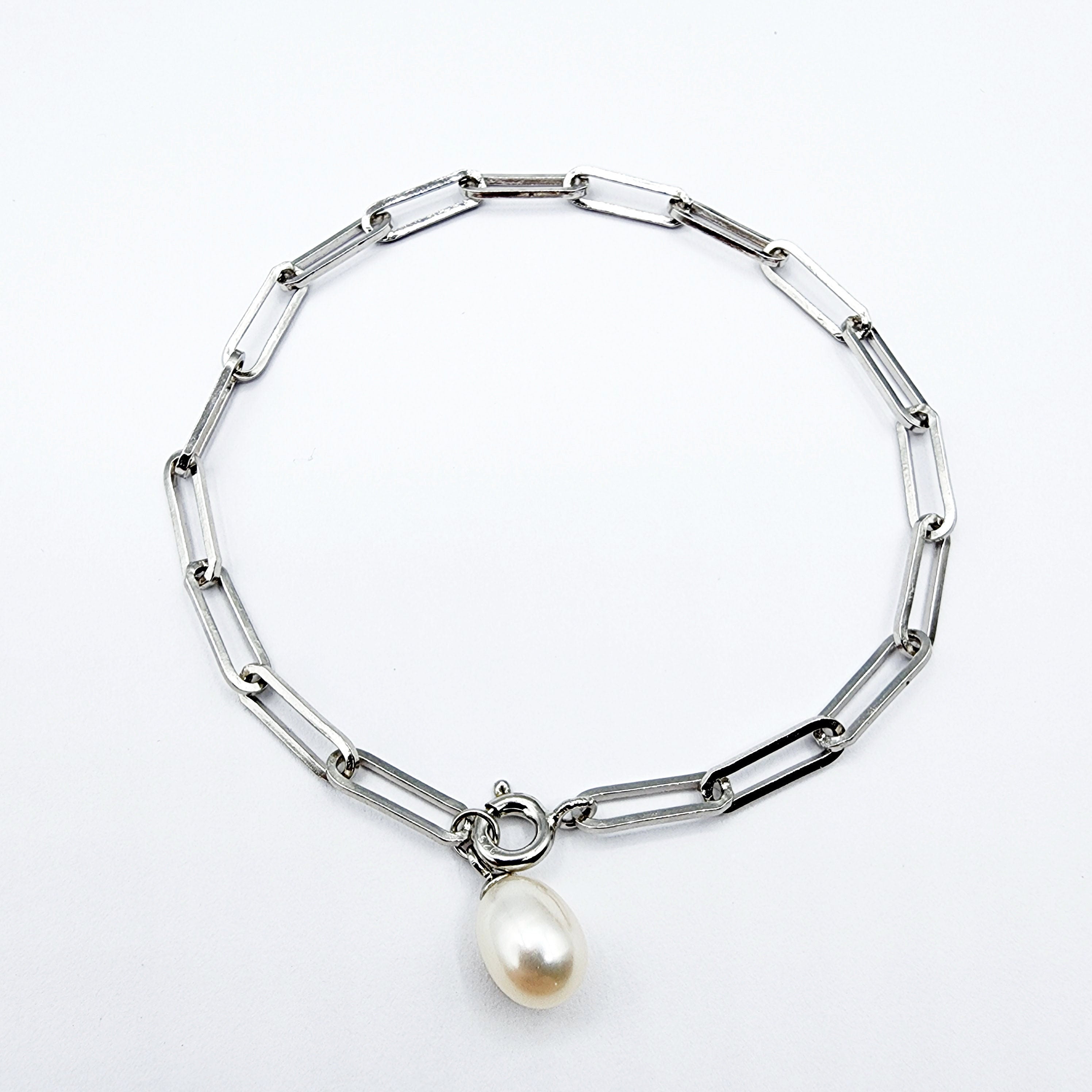 Sterling Silver with Genuine Freshwater Pearl, Paperclip Chain Bracelet For Women, Gift for her, Paperclip Chain Design, Fashionable Jewelry