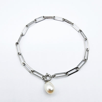 Sterling Silver with Genuine Freshwater Pearl, Paperclip Chain Bracelet For Women, Gift for her, Paperclip Chain Design, Fashionable Jewelry