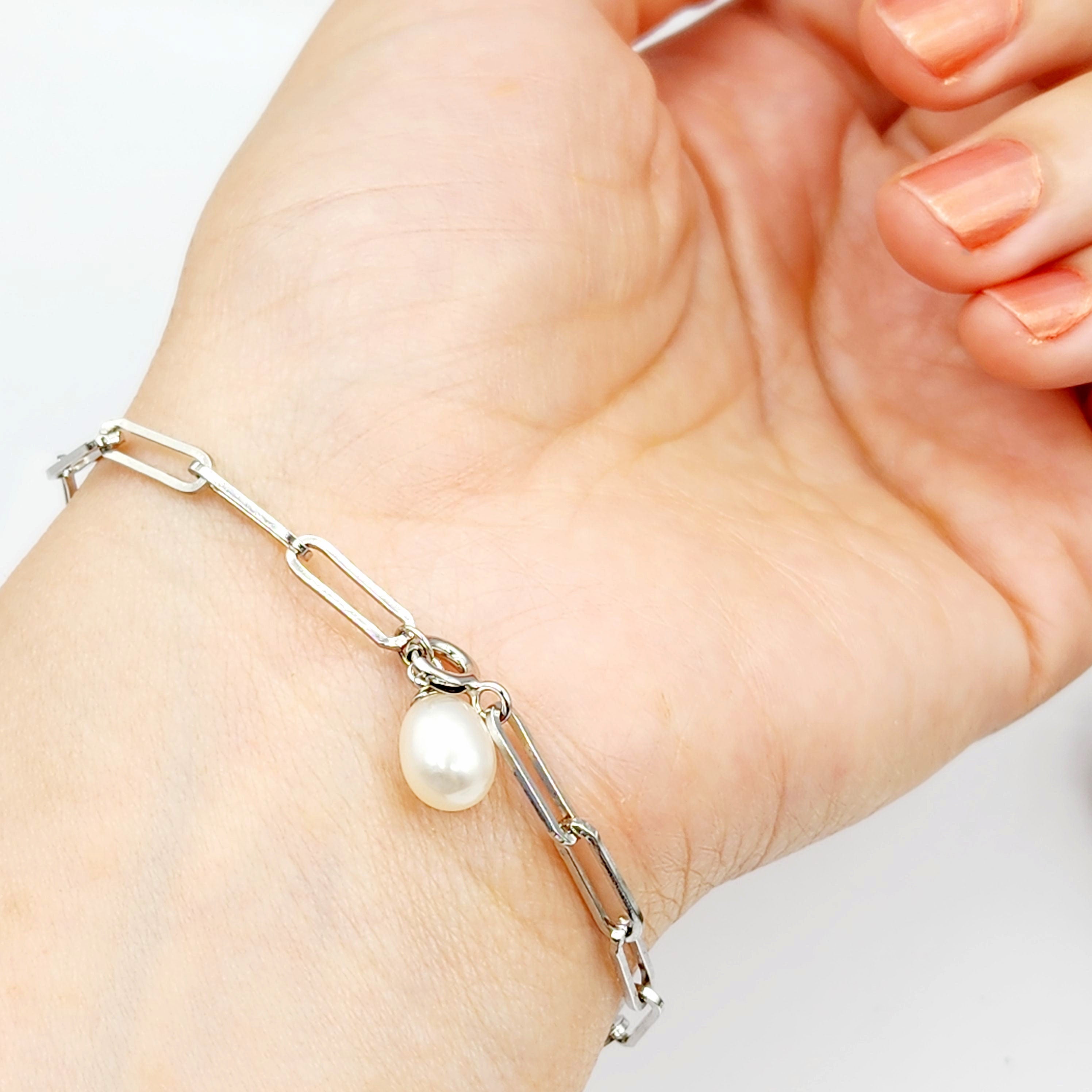Sterling Silver with Genuine Freshwater Pearl, Paperclip Chain Bracelet For Women, Gift for her, Paperclip Chain Design, Fashionable Jewelry