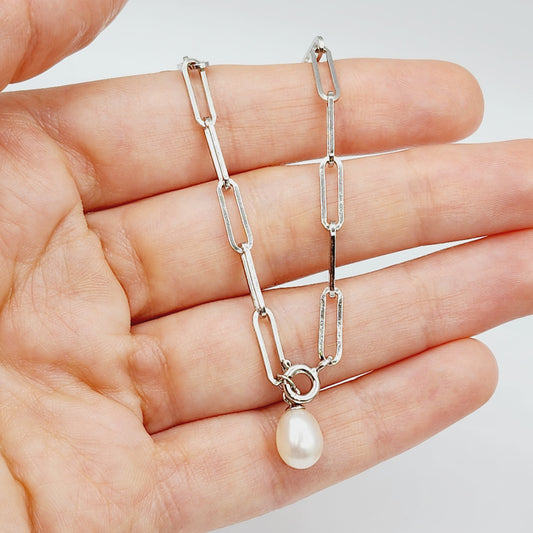 Sterling Silver with Genuine Freshwater Pearl, Paperclip Chain Bracelet For Women, Gift for her, Paperclip Chain Design, Fashionable Jewelry