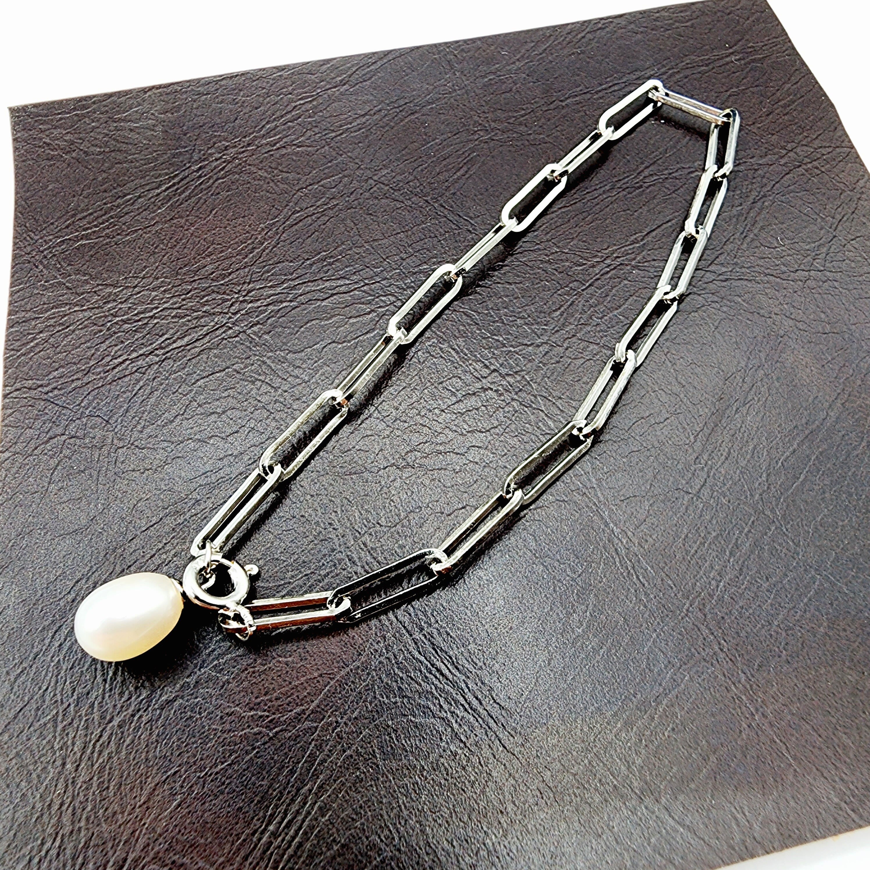Sterling Silver with Genuine Freshwater Pearl, Paperclip Chain Bracelet For Women, Gift for her, Paperclip Chain Design, Fashionable Jewelry