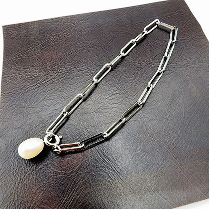 Sterling Silver with Genuine Freshwater Pearl, Paperclip Chain Bracelet For Women, Gift for her, Paperclip Chain Design, Fashionable Jewelry