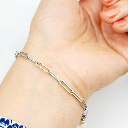 Sterling Silver with Genuine Freshwater Pearl, Paperclip Chain Bracelet For Women, Gift for her, Paperclip Chain Design, Fashionable Jewelry