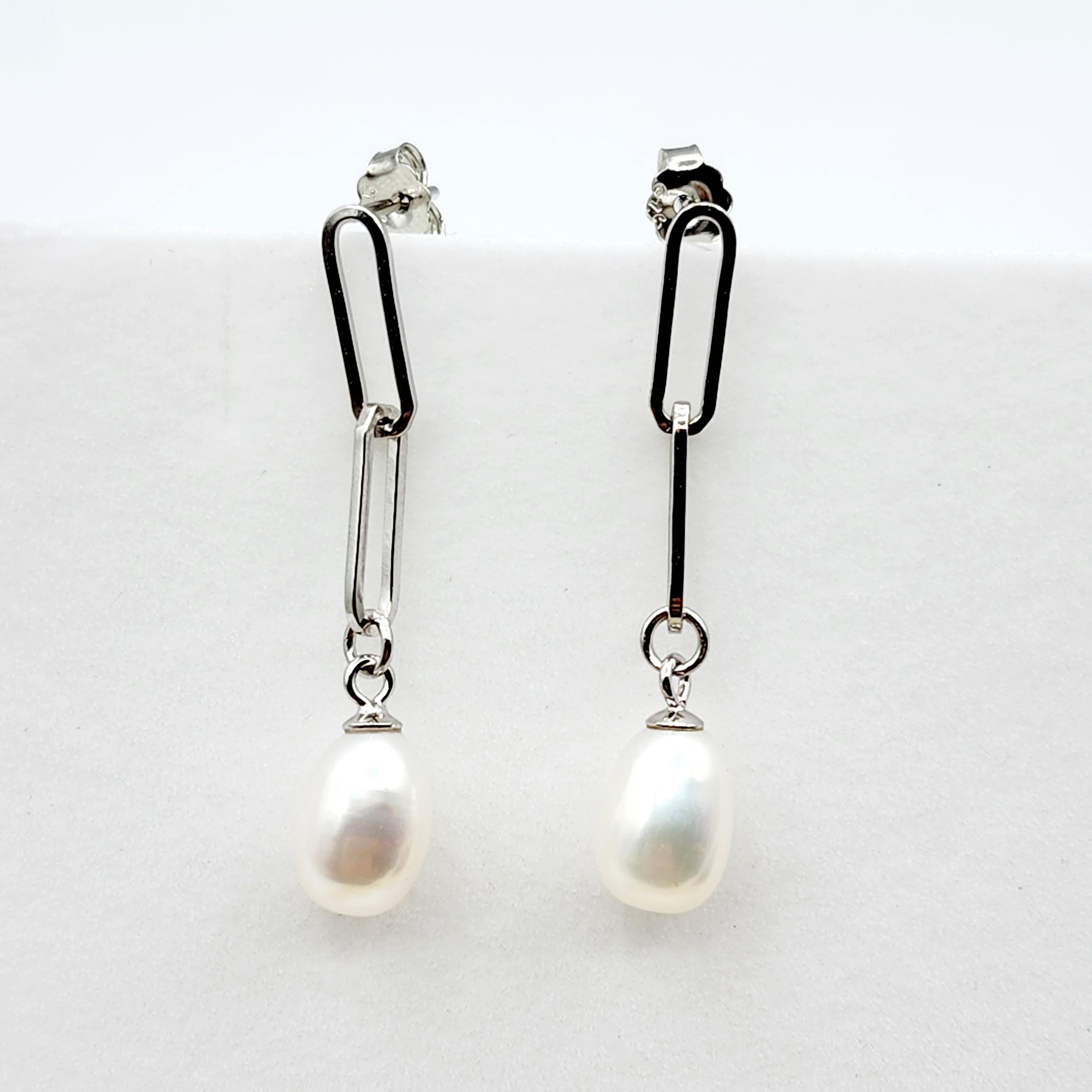 Rhodium Plated 925 Sterling Silver Genuine Freshwater Pearl Paperclip Chain Earrings For Women, Pearl Paperclip Chain Link Earrings