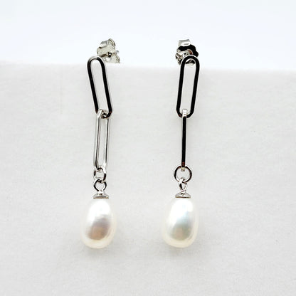 Rhodium Plated 925 Sterling Silver Genuine Freshwater Pearl Paperclip Chain Earrings For Women, Pearl Paperclip Chain Link Earrings