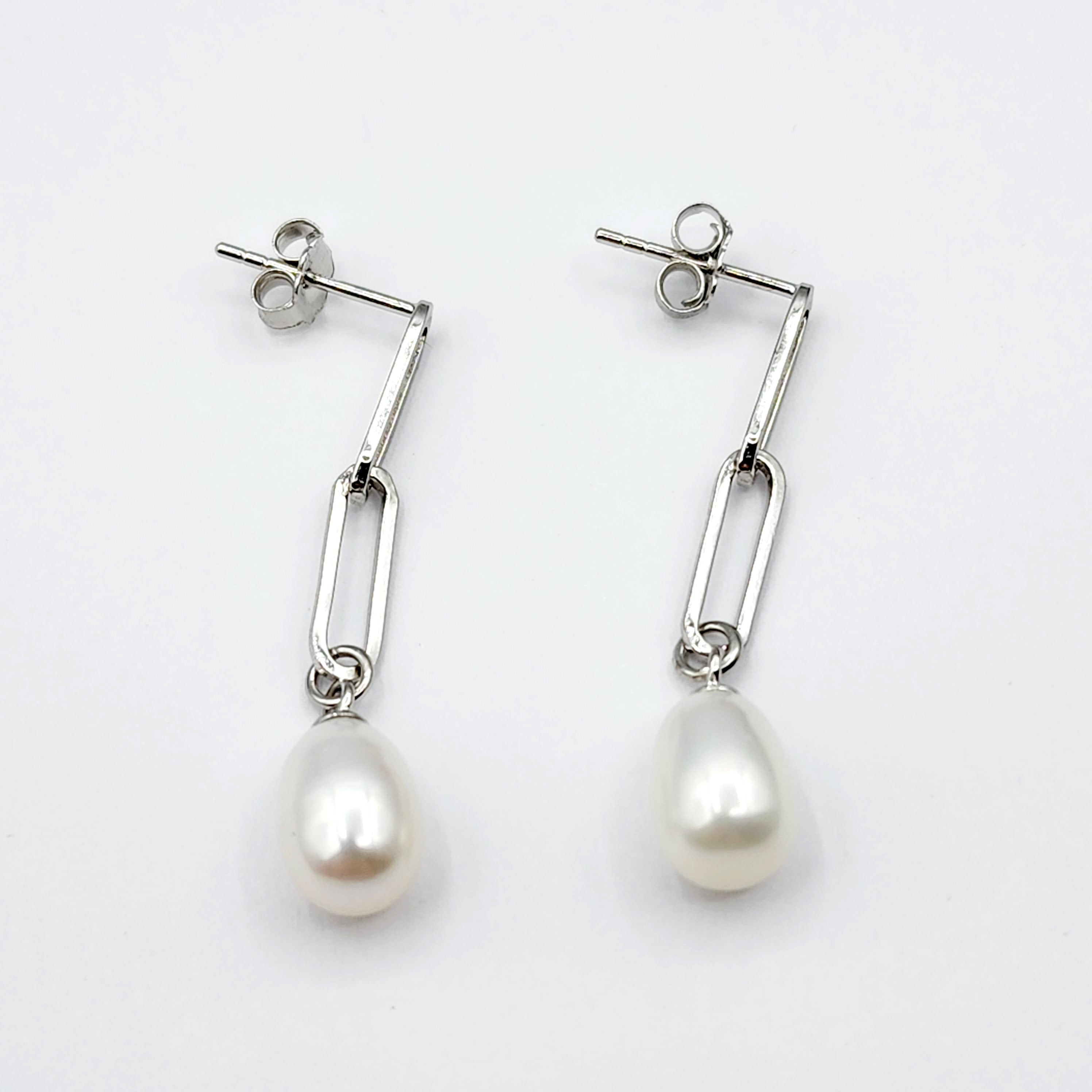 Rhodium Plated 925 Sterling Silver Genuine Freshwater Pearl Paperclip Chain Earrings For Women, Pearl Paperclip Chain Link Earrings