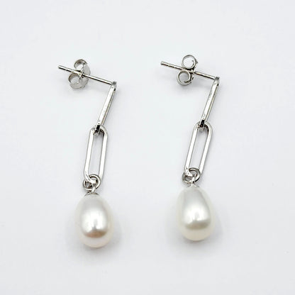 Rhodium Plated 925 Sterling Silver Genuine Freshwater Pearl Paperclip Chain Earrings For Women, Pearl Paperclip Chain Link Earrings