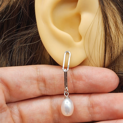 Rhodium Plated 925 Sterling Silver Genuine Freshwater Pearl Paperclip Chain Earrings For Women, Pearl Paperclip Chain Link Earrings