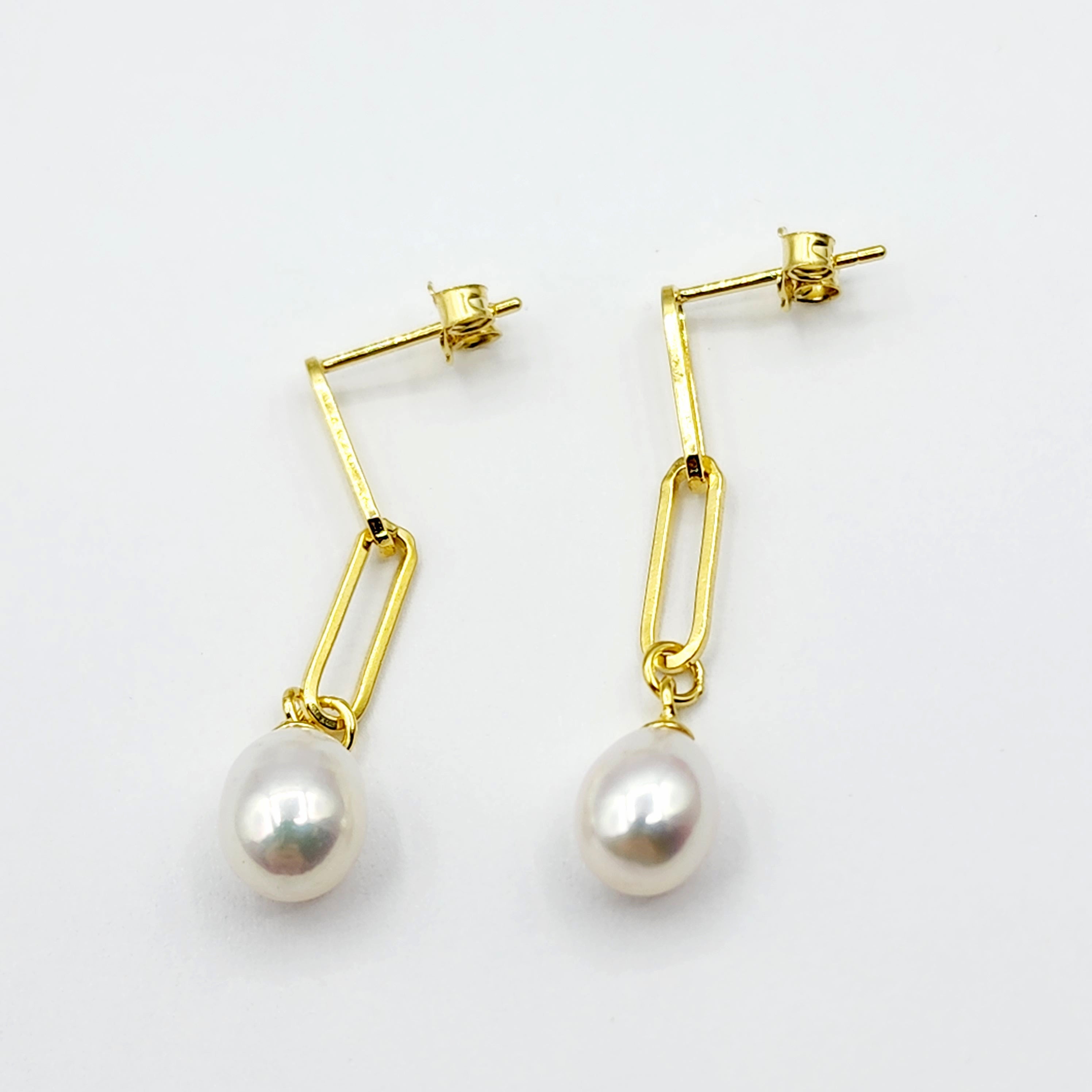 Gold Plated 925 Sterling Silver Genuine Freshwater Pearl Paperclip Chain Earrings For Women, Pearl Paperclip Chain Link Earrings