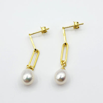 Gold Plated 925 Sterling Silver Genuine Freshwater Pearl Paperclip Chain Earrings For Women, Pearl Paperclip Chain Link Earrings