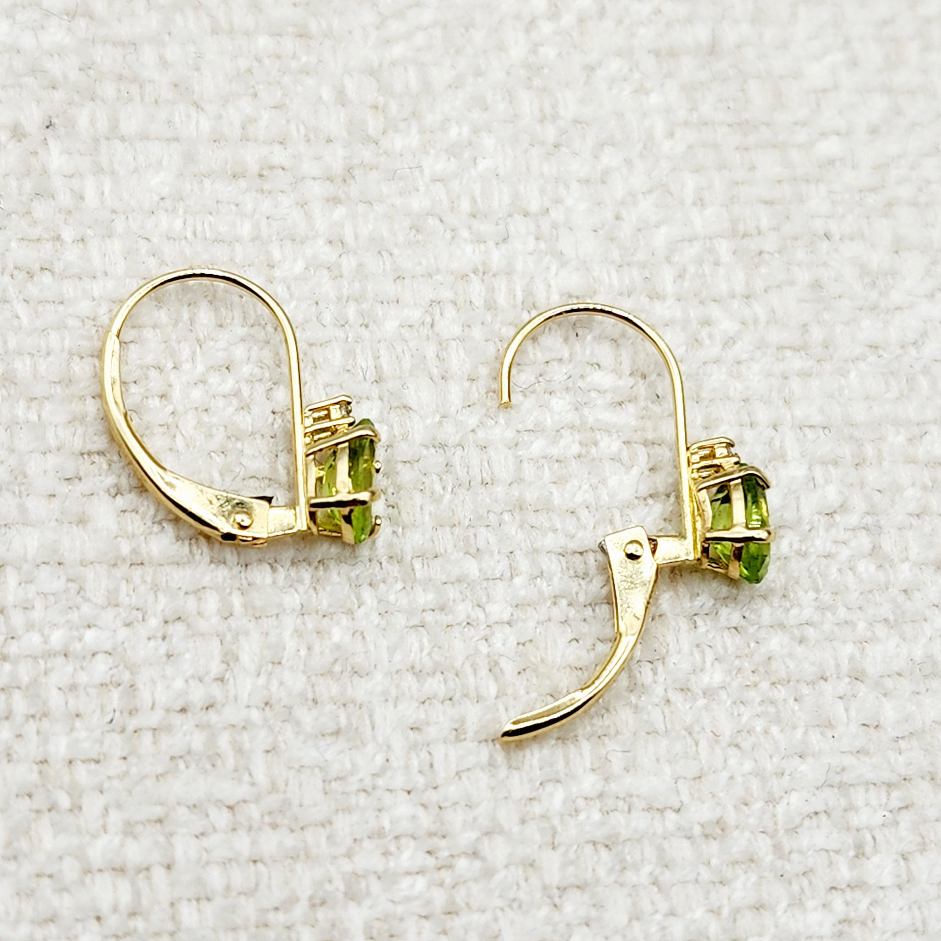 14K Yellow Gold Leverback Peridot  Earrings, Gold Earrings with Genuine Gemstone 6x4mm and Diamonds, August Birthstone Gift for Her