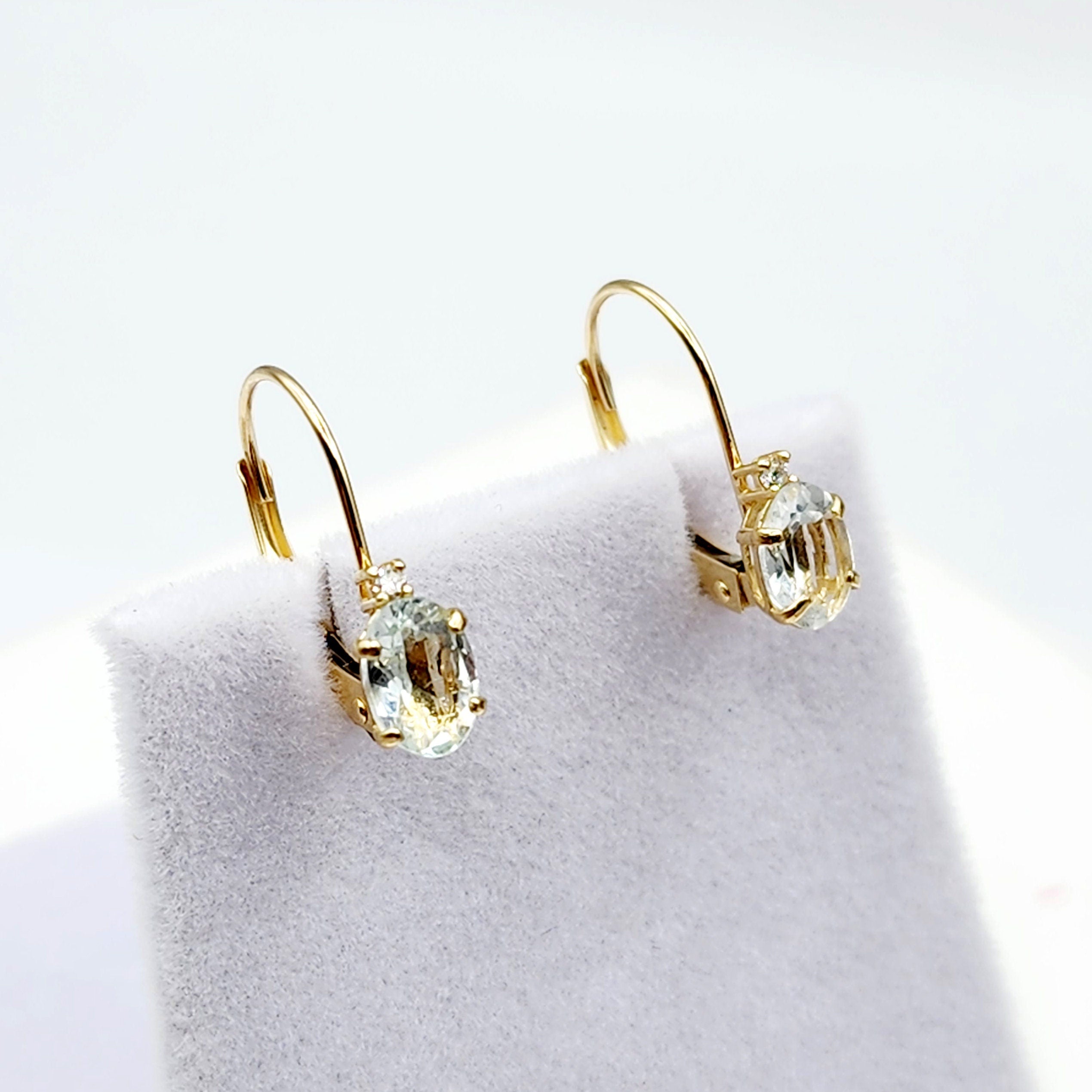 14K Yellow Gold Leverback Aquamarine Earrings, Gold Earrings with Genuine Gemstone 6x4mm and Diamonds, March Birthstone Gift for Her