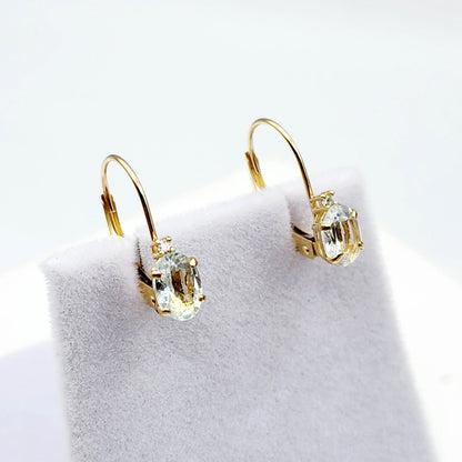 14K Yellow Gold Leverback Aquamarine Earrings, Gold Earrings with Genuine Gemstone 6x4mm and Diamonds, March Birthstone Gift for Her