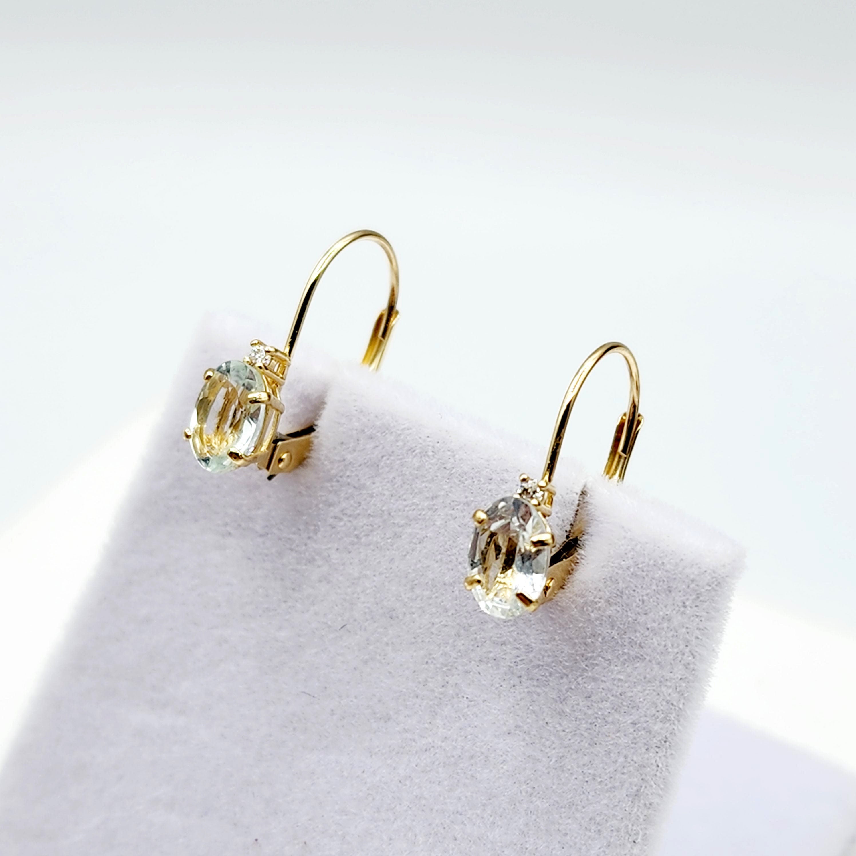 14K Yellow Gold Leverback Aquamarine Earrings, Gold Earrings with Genuine Gemstone 6x4mm and Diamonds, March Birthstone Gift for Her