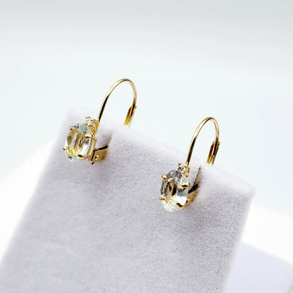 14K Yellow Gold Leverback Aquamarine Earrings, Gold Earrings with Genuine Gemstone 6x4mm and Diamonds, March Birthstone Gift for Her