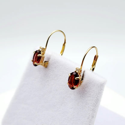 14K Yellow Gold Leverback Garnet Earrings, Gold Earrings with Genuine Gemstone 6x4mm and Diamonds, January Birthstone Gift for Her