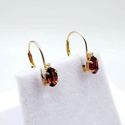 14K Yellow Gold Leverback Garnet Earrings, Gold Earrings with Genuine Gemstone 6x4mm and Diamonds, January Birthstone Gift for Her