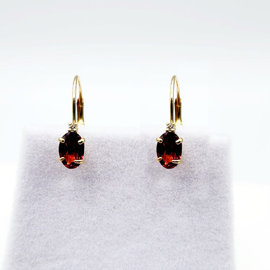 14K Yellow Gold Leverback Garnet Earrings, Gold Earrings with Genuine Gemstone 6x4mm and Diamonds, January Birthstone Gift for Her