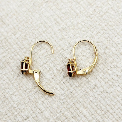 14K Yellow Gold Leverback Garnet Earrings, Gold Earrings with Genuine Gemstone 6x4mm and Diamonds, January Birthstone Gift for Her