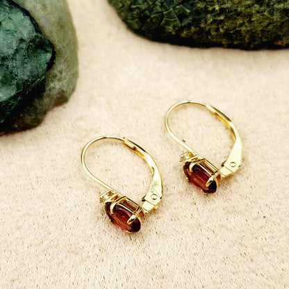 14K Yellow Gold Leverback Garnet Earrings, Gold Earrings with Genuine Gemstone 6x4mm and Diamonds, January Birthstone Gift for Her