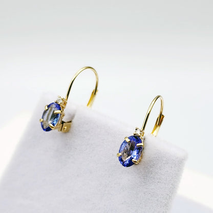 14K Yellow Gold Leverback Tanzanite Earrings, Gold Earrings with Genuine Gemstone 6x4mm and Diamonds, December Birthstone Gift for Her