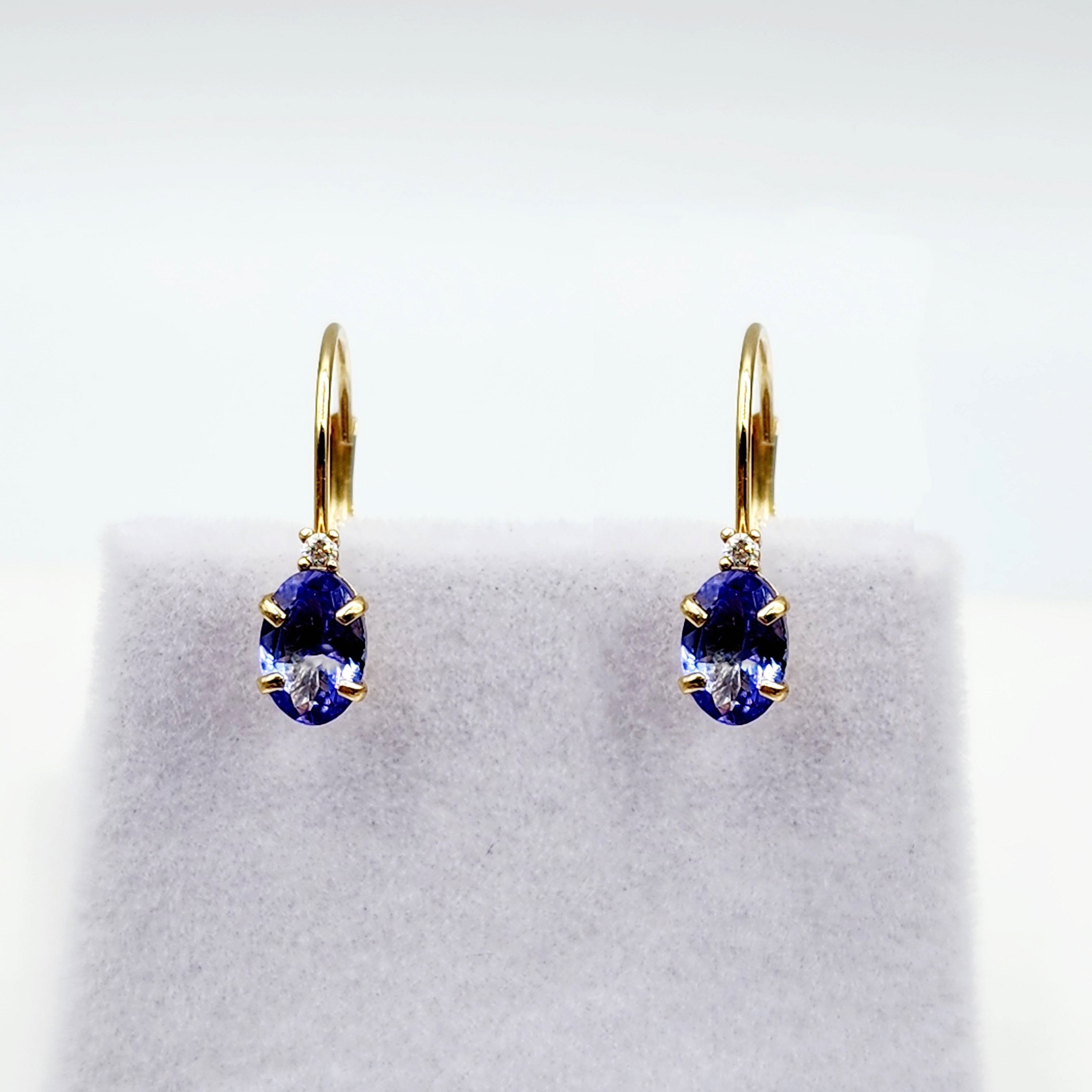 14K Yellow Gold Leverback Tanzanite Earrings, Gold Earrings with Genuine Gemstone 6x4mm and Diamonds, December Birthstone Gift for Her