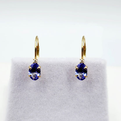 14K Yellow Gold Leverback Tanzanite Earrings, Gold Earrings with Genuine Gemstone 6x4mm and Diamonds, December Birthstone Gift for Her