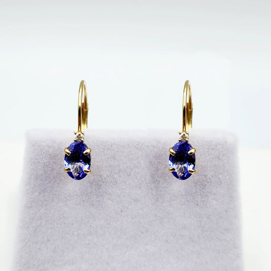 14K Yellow Gold Leverback Tanzanite Earrings, Gold Earrings with Genuine Gemstone 6x4mm and Diamonds, December Birthstone Gift for Her