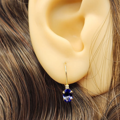14K Yellow Gold Leverback Tanzanite Earrings, Gold Earrings with Genuine Gemstone 6x4mm and Diamonds, December Birthstone Gift for Her