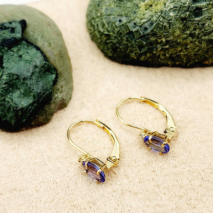 14K Yellow Gold Leverback Tanzanite Earrings, Gold Earrings with Genuine Gemstone 6x4mm and Diamonds, December Birthstone Gift for Her